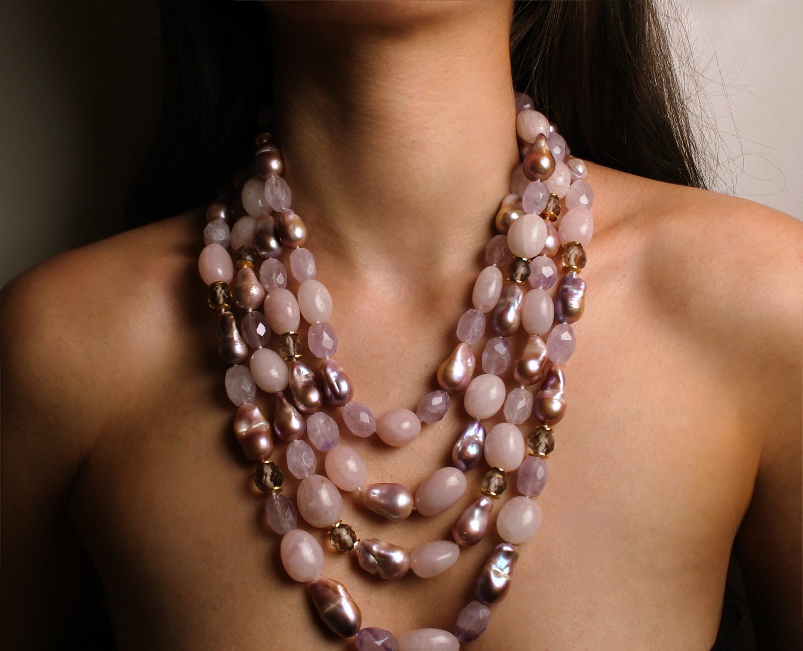 Four Row Rock Crystal, Amethyst, Rose Quartz and Baroque Pearl Necklace