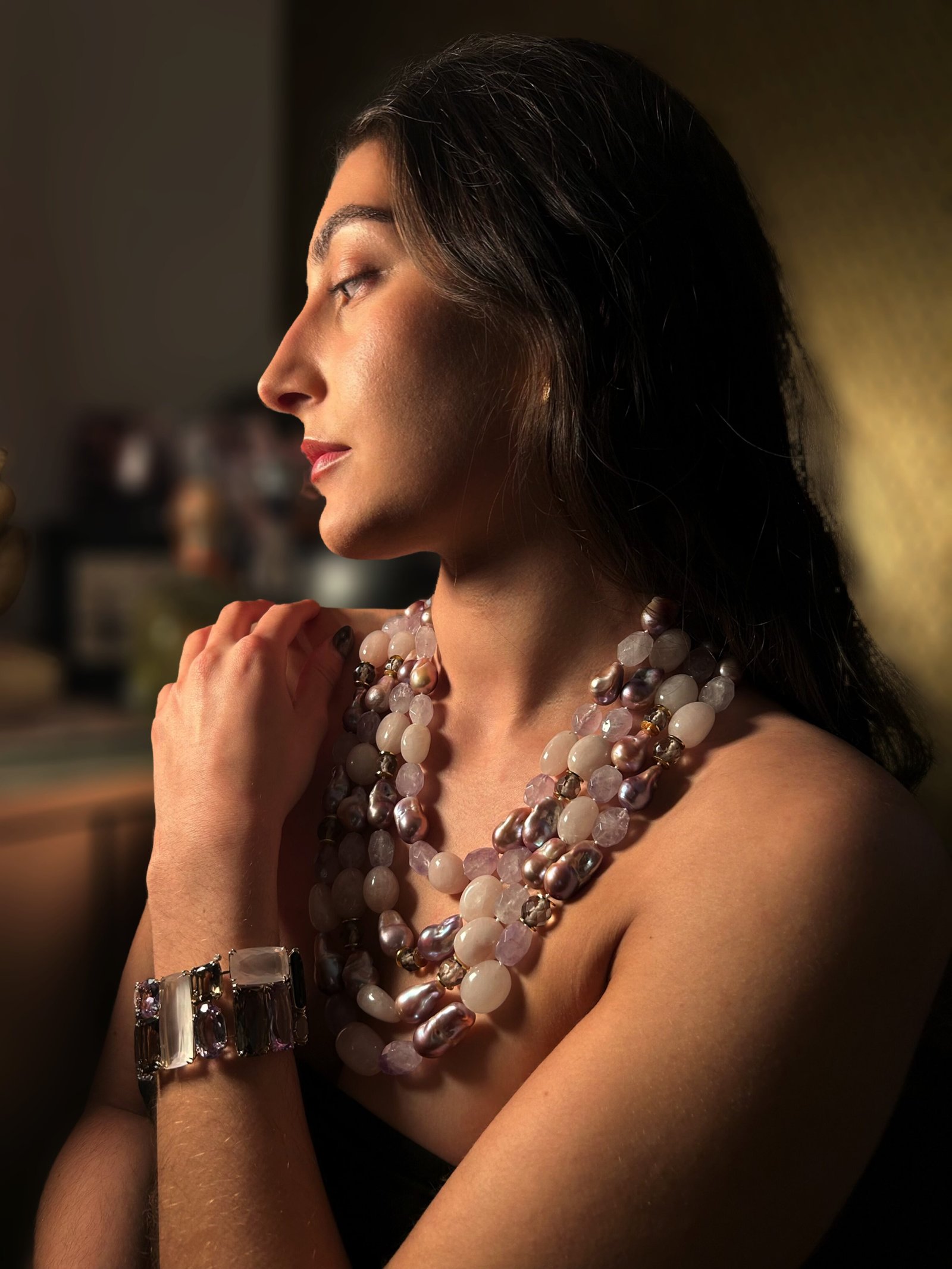 Four Row Rock Crystal, Amethyst, Rose Quartz and Baroque Pearl Necklace - Image 3